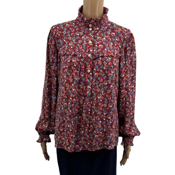 Anthropologie Emia Red Ruffled Floral Button Down Top - Picture 3 of 10